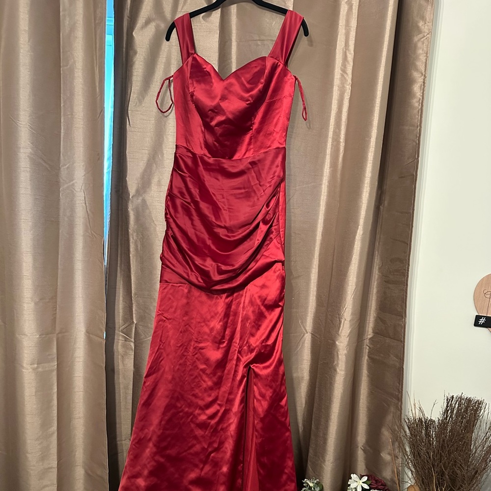 Long satin cranberry gown with split on left side